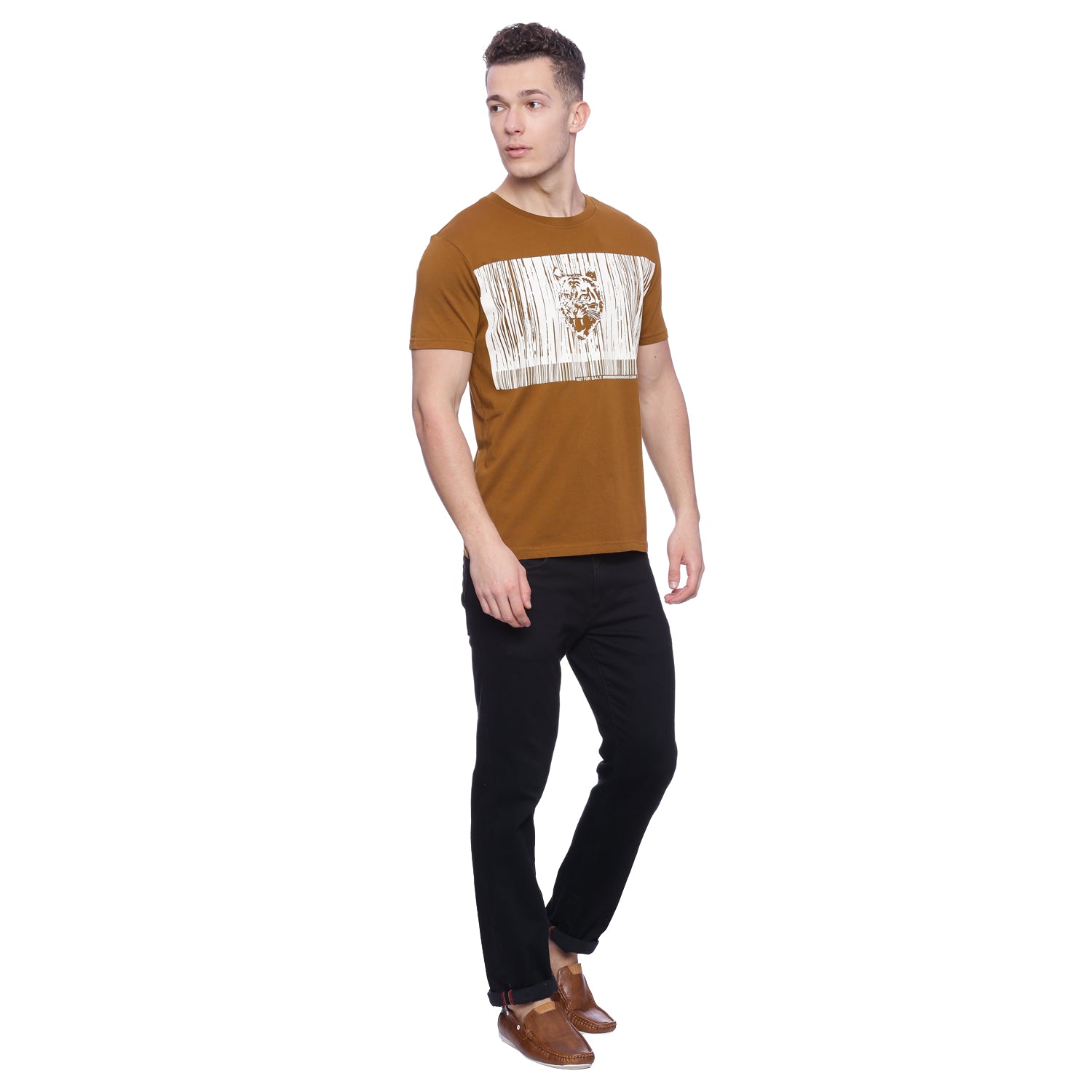 Wolfpack Round Neck Barcode Tiger Printed Brown T-Shirt Wolfpack