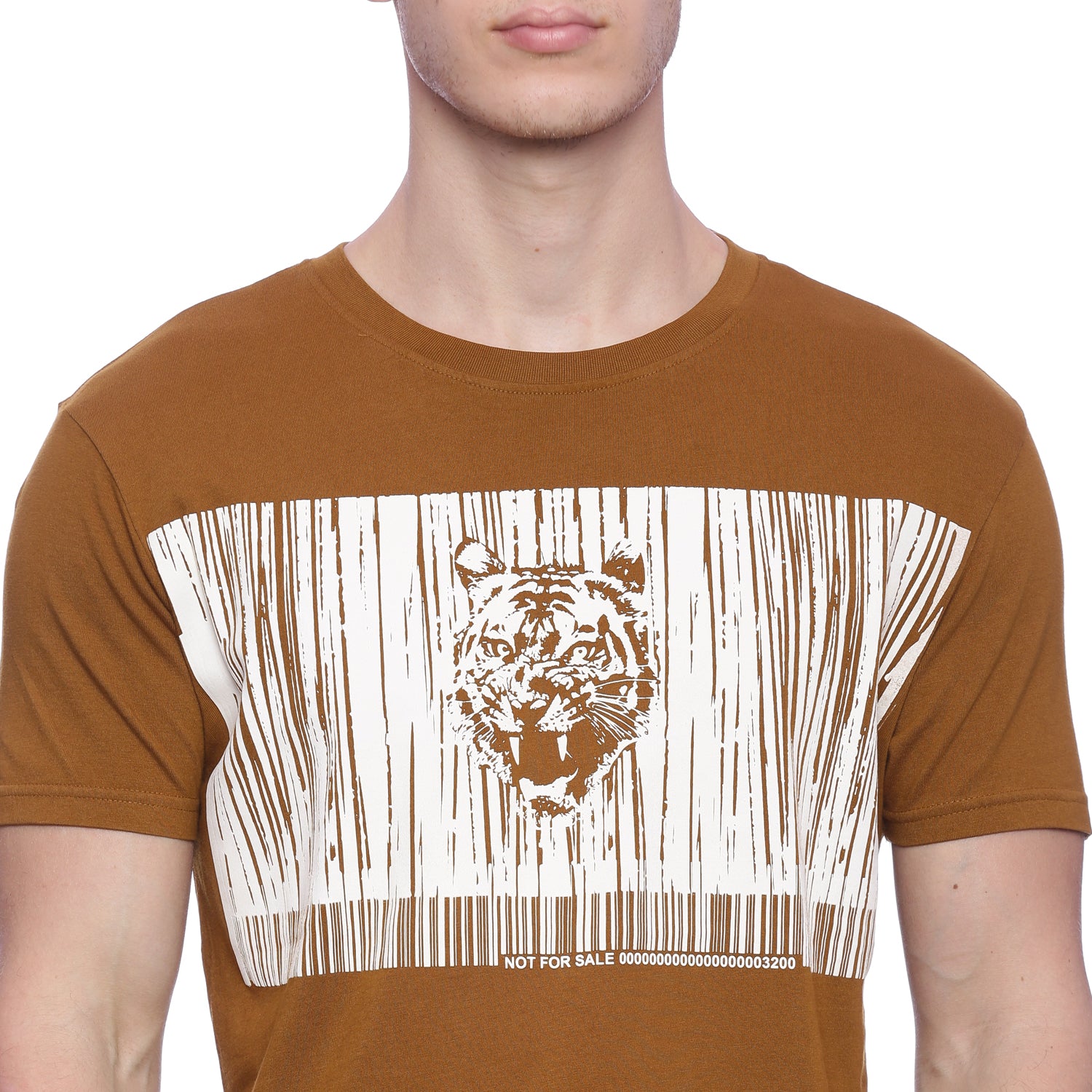 Wolfpack Round Neck Barcode Tiger Printed Brown T-Shirt Wolfpack