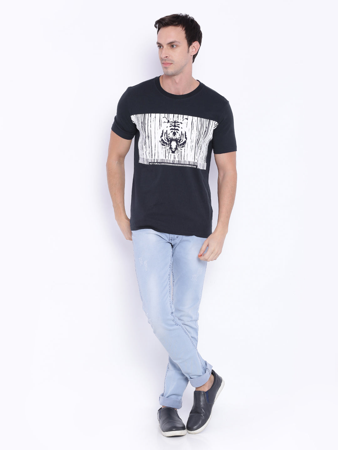 Wolfpack Round Neck Barcode Tiger Printed Navy Blue T-Shirt Wolfpack