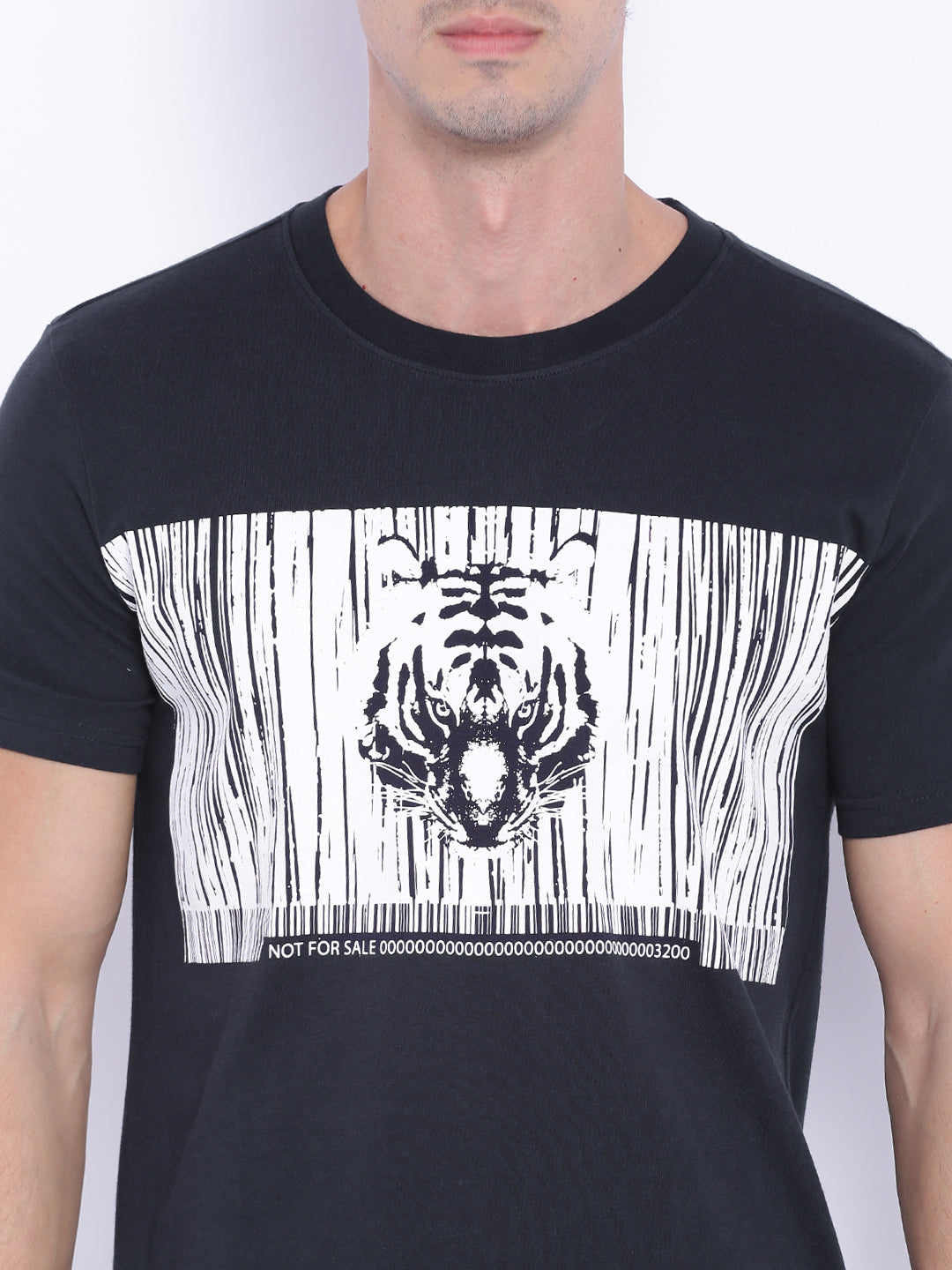 Wolfpack Round Neck Barcode Tiger Printed Navy Blue T-Shirt Wolfpack