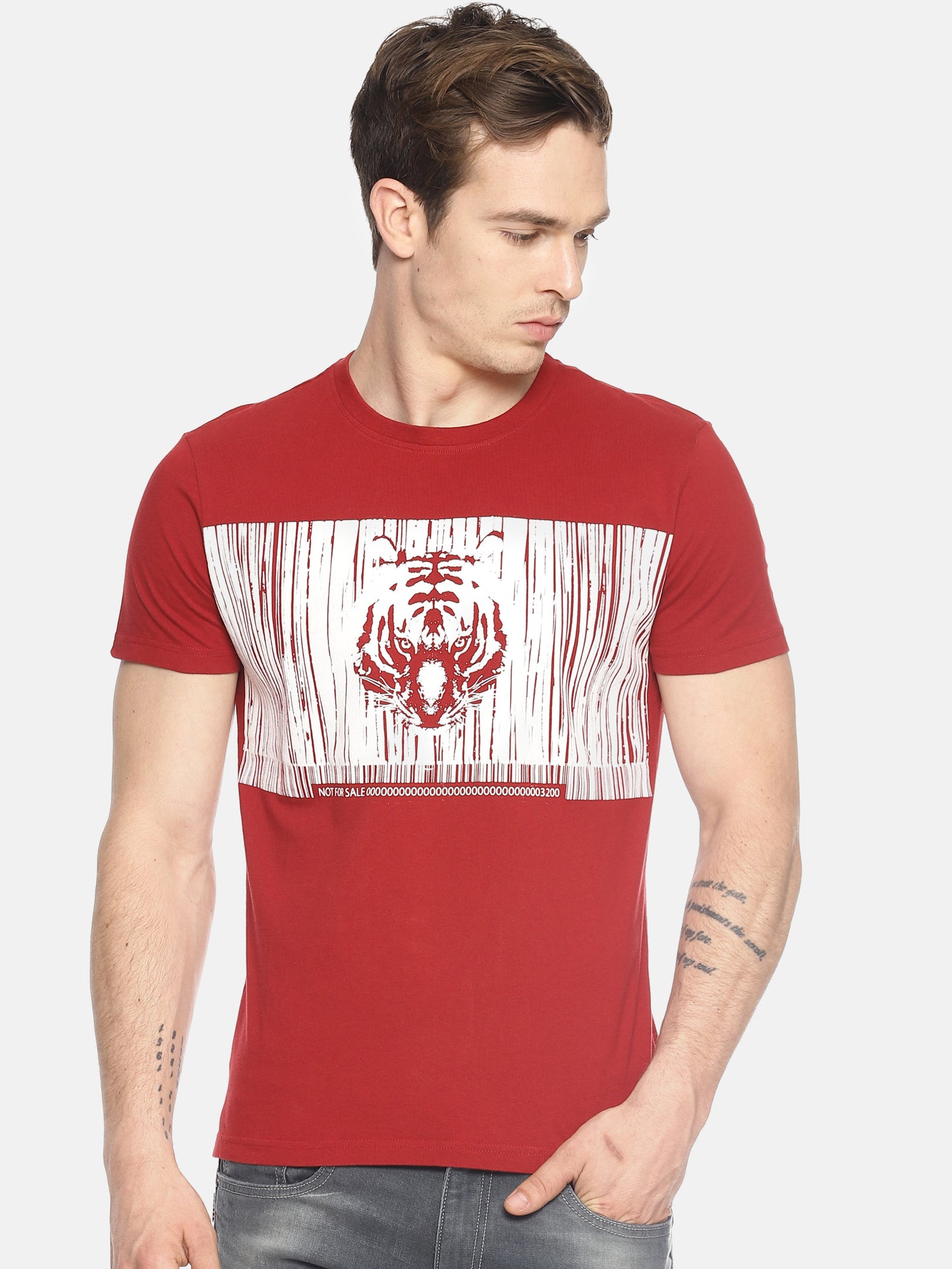 Wolfpack Round Neck Barcode Tiger Printed Red T-Shirt Wolfpack