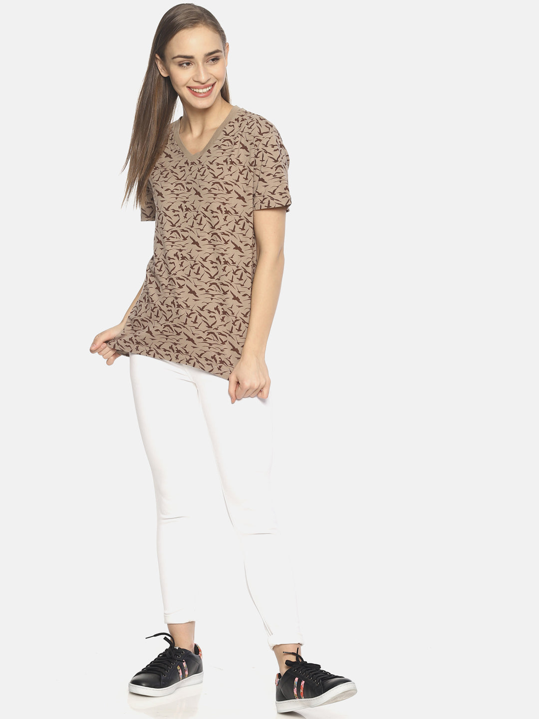 Wolfpack Women Beige Printed T-Shirt Wolfpack
