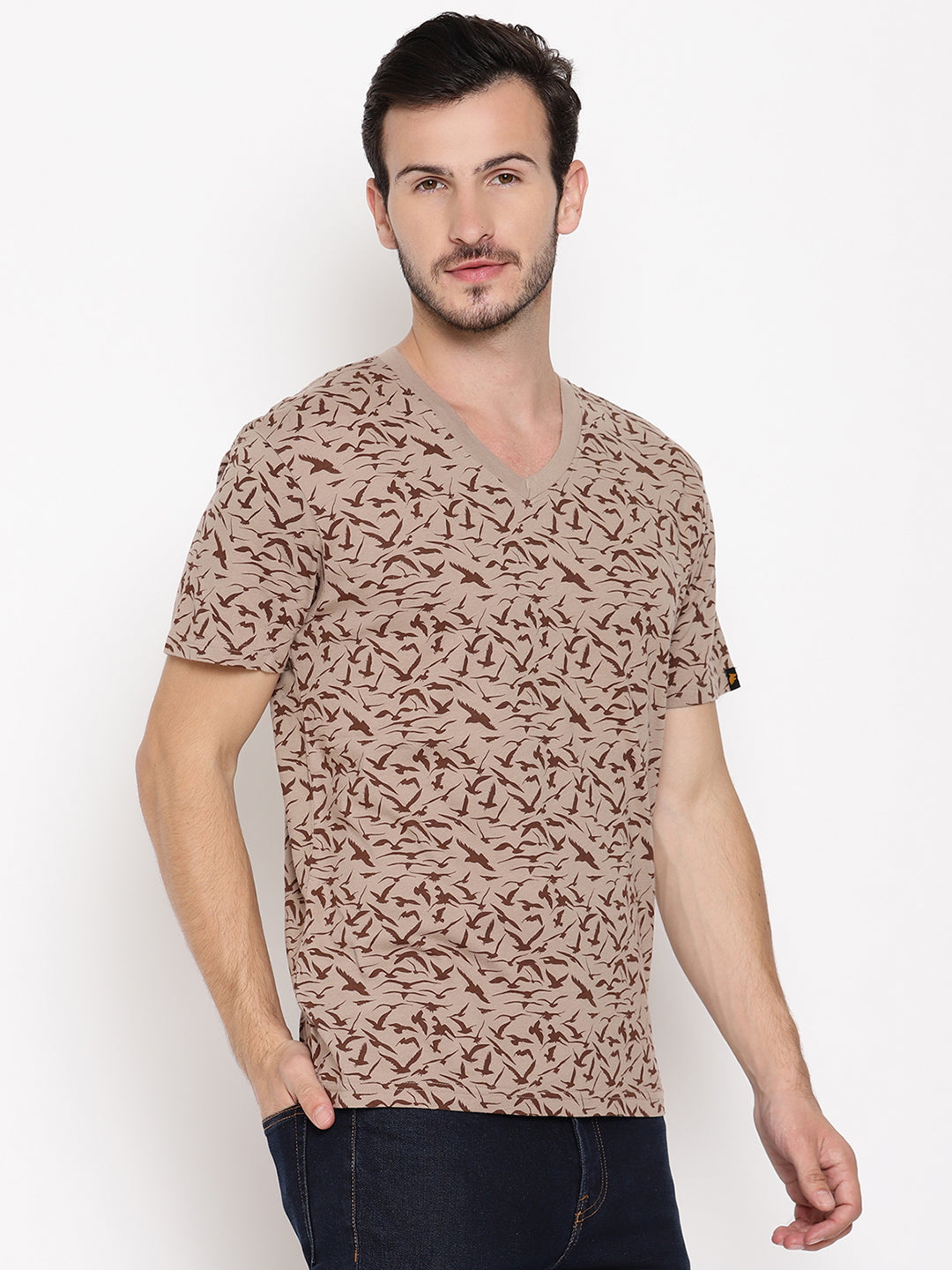 Birds Camo Printed Beige Men T-Shirt Wolfpack