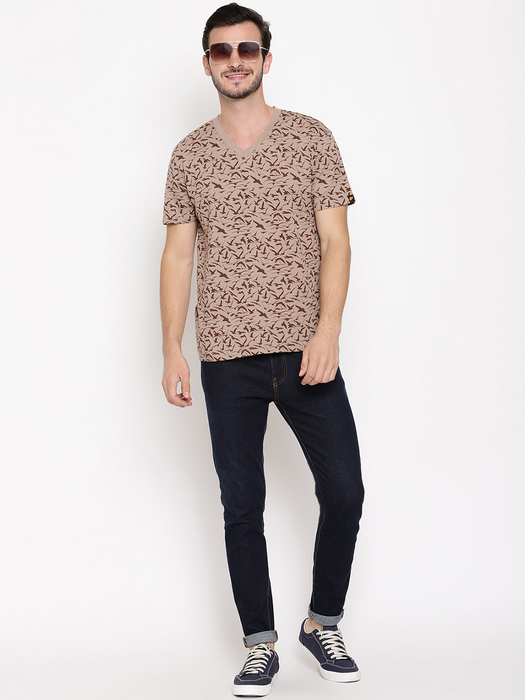 Birds Camo Printed Beige Men T-Shirt Wolfpack