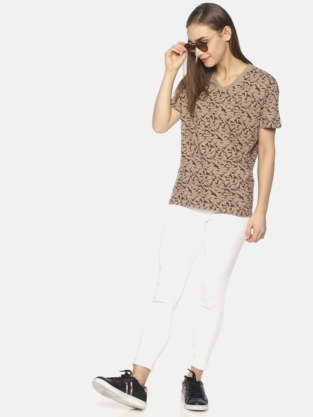 Wolfpack Women Beige Printed T-Shirt Wolfpack