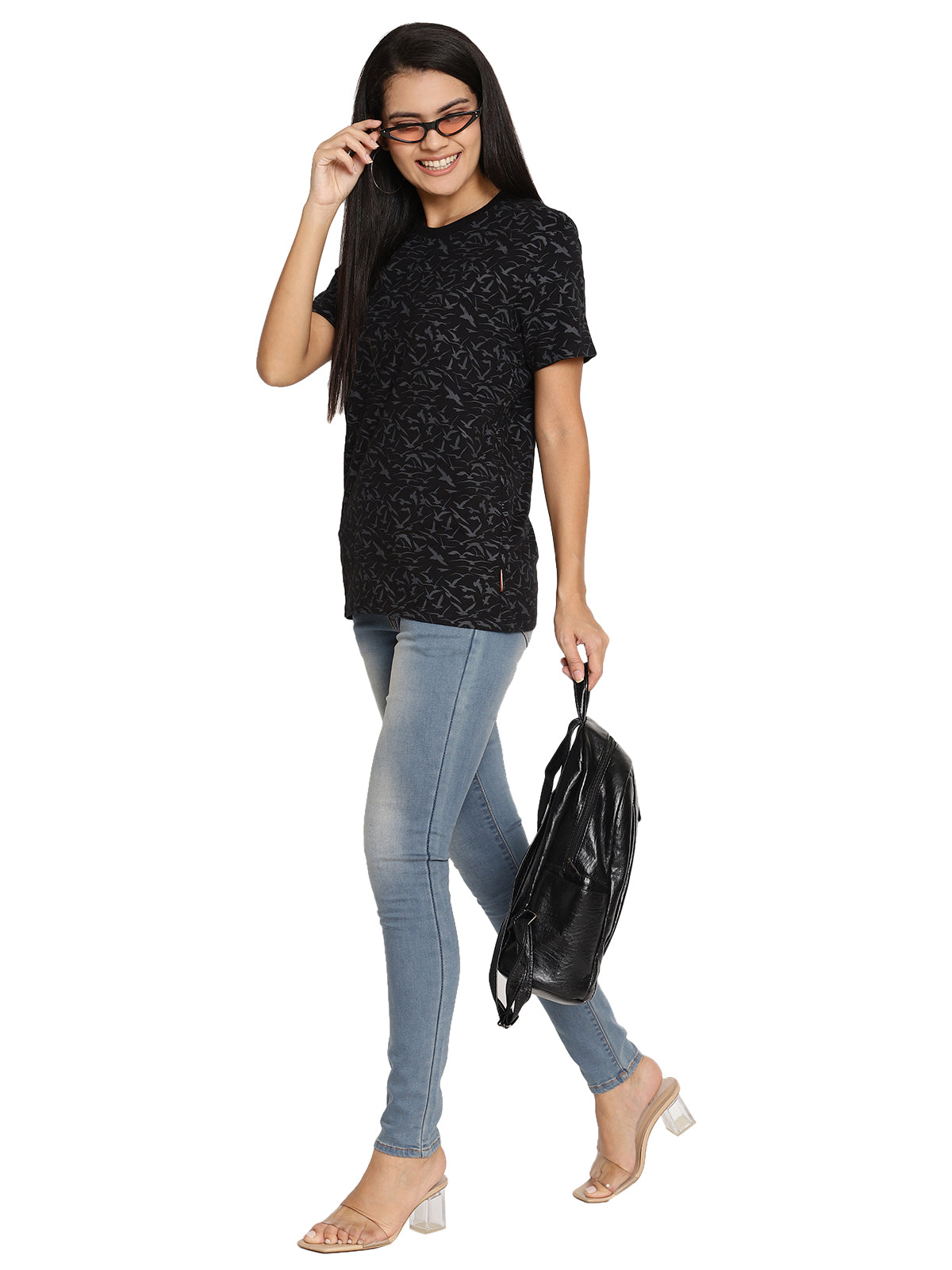 Wolfpack Birds Camo Black Printed Women T-Shirt