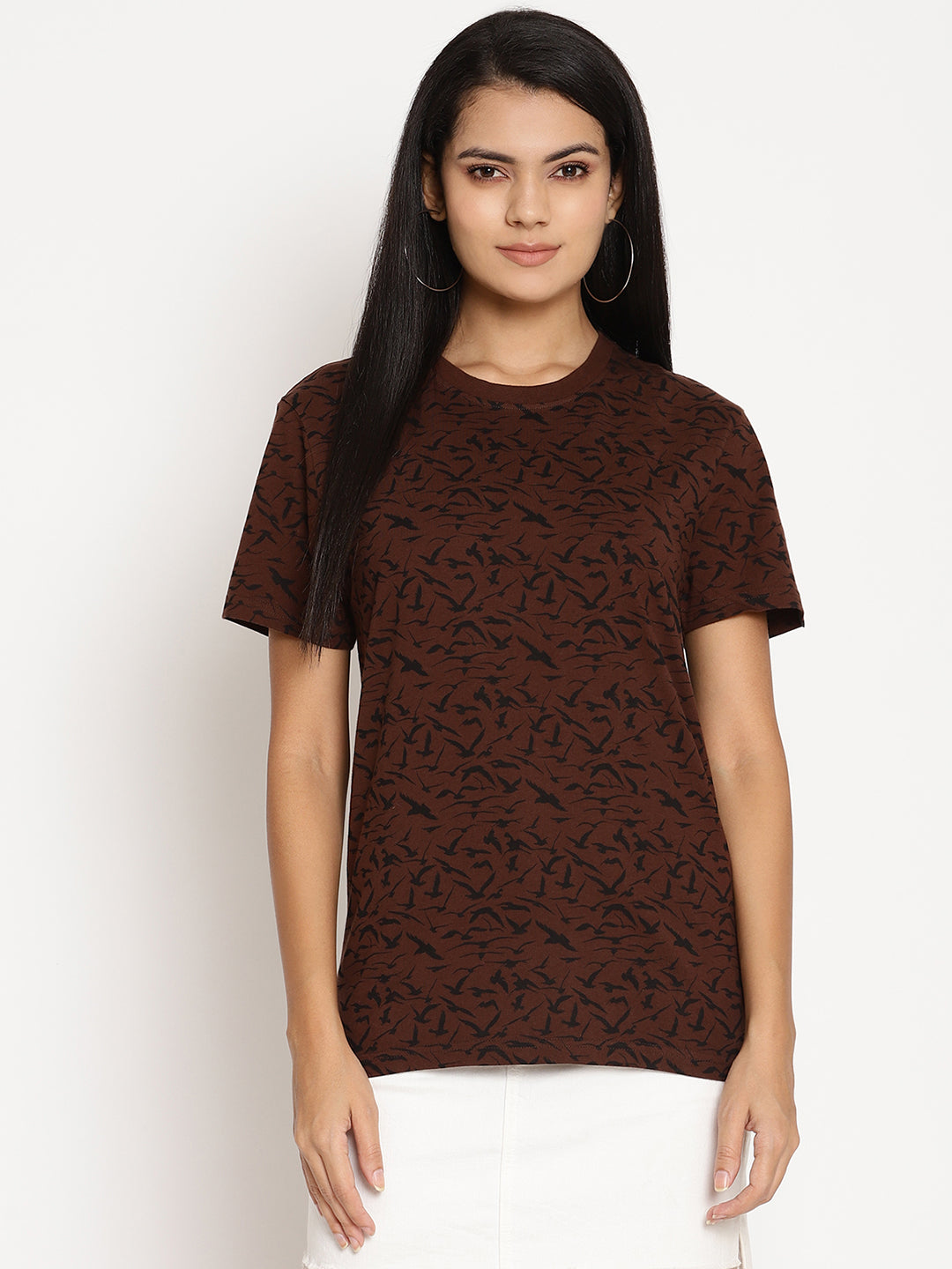 Wolfpack Women Choco Brown Printed T-Shirt
