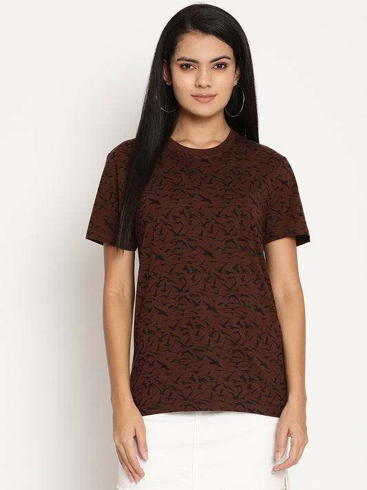 Wolfpack Women Choco Brown Printed T-Shirt