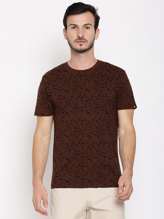 Wolfpack Men Chocolate Brown Printed T-Shirt