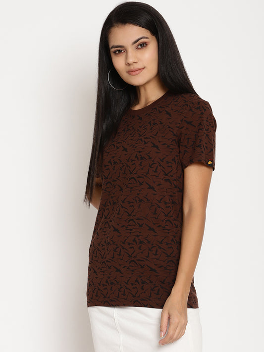 Wolfpack Women Choco Brown Printed T-Shirt