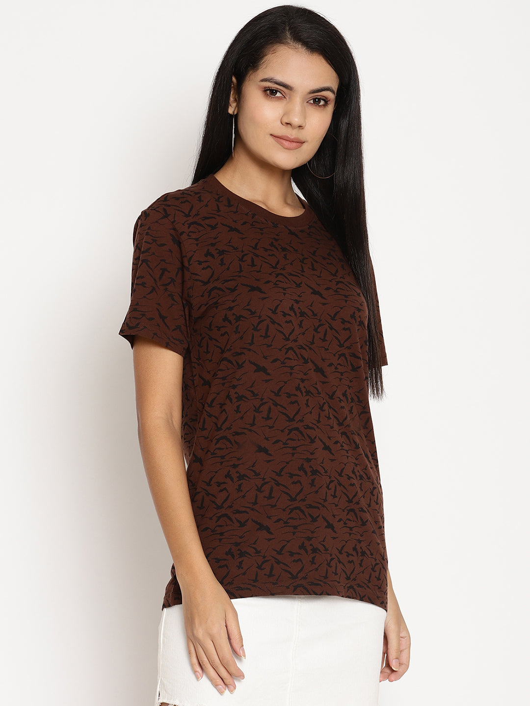 Wolfpack Women Choco Brown Printed T-Shirt