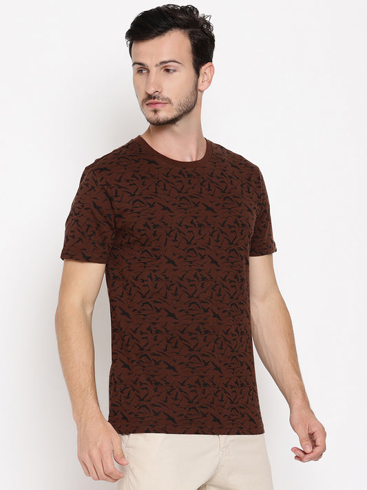 Wolfpack Men Chocolate Brown Printed T-Shirt