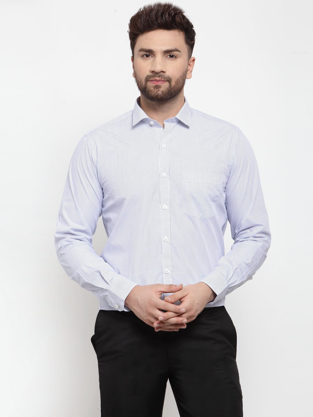 Copperline Men Blue & White Slim Fit Striped Formal Shirt Copperline