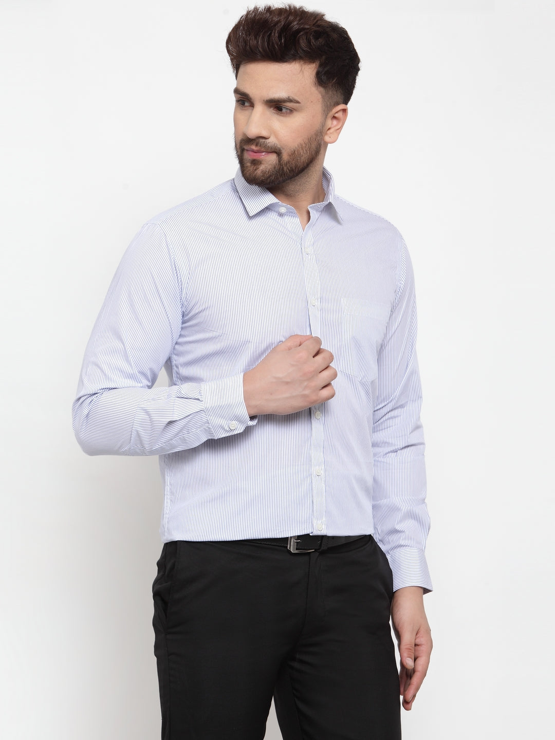 Copperline Men Blue & White Slim Fit Striped Formal Shirt Copperline