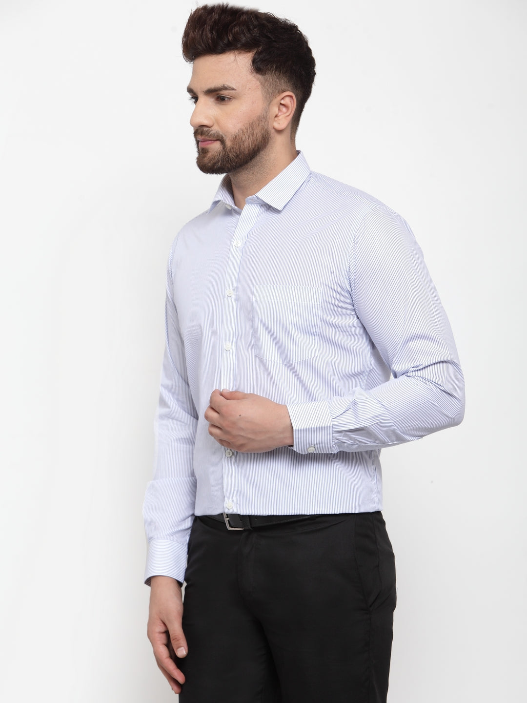Copperline Men Blue & White Slim Fit Striped Formal Shirt Copperline