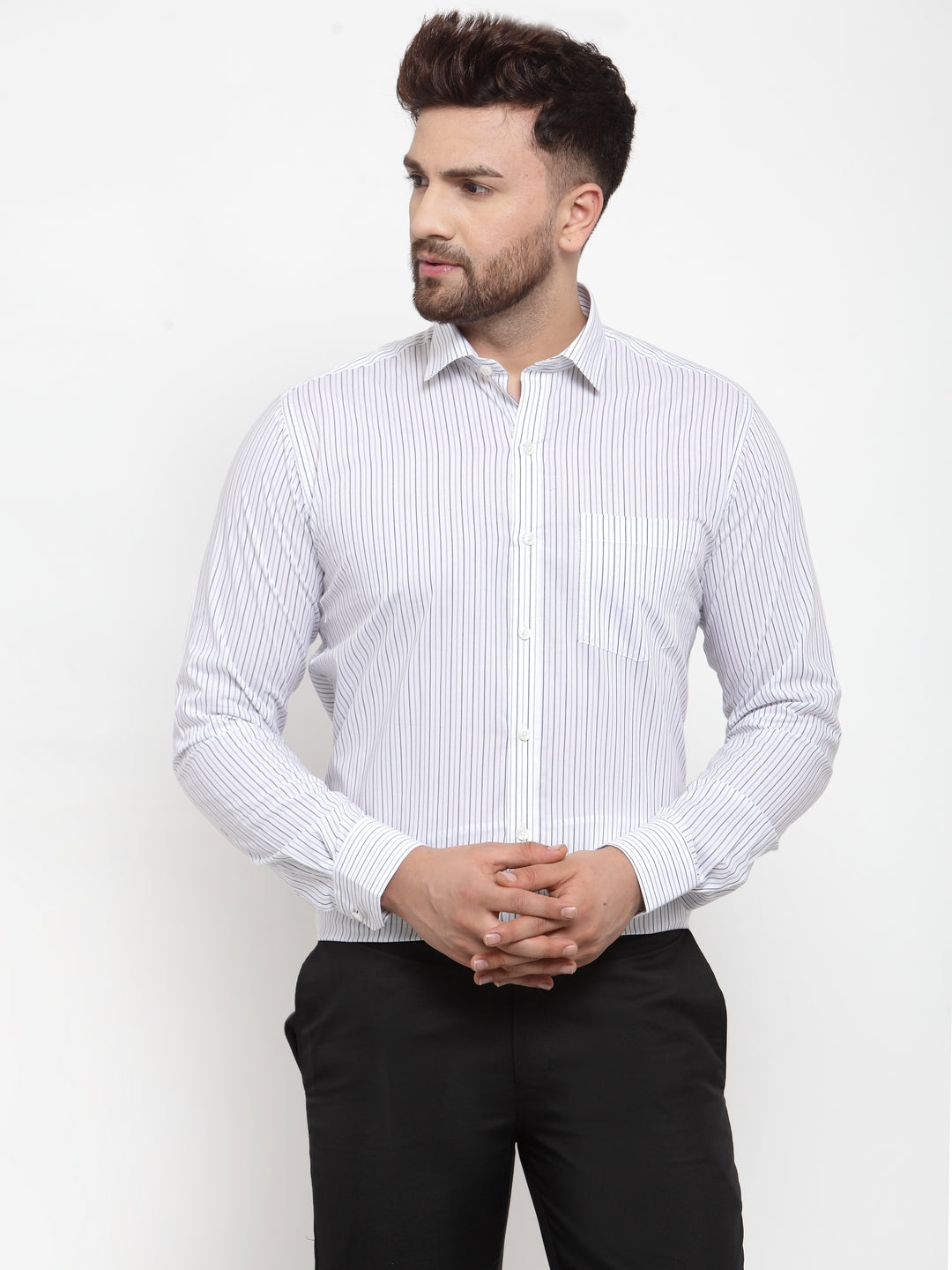 Copperline Men Grey Comfort Slim Fit Striped Formal Shirt Copperline