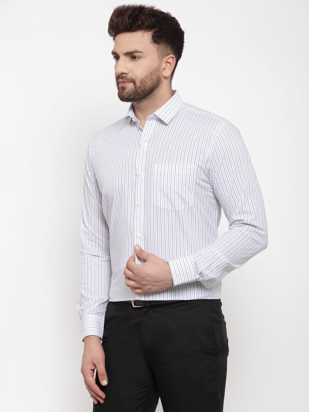 Copperline Men Grey Comfort Slim Fit Striped Formal Shirt Copperline