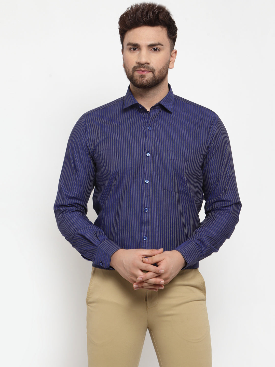 Copperline Men Blue Slim Fit Striped Formal Shirt Copperline