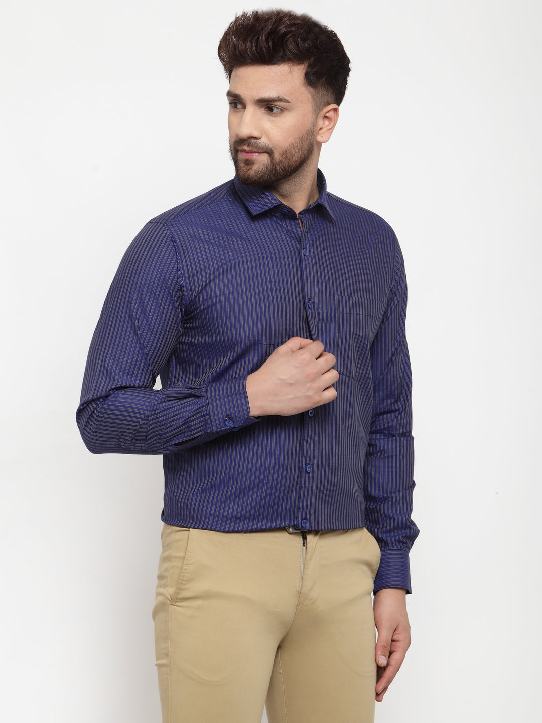 Copperline Men Blue Slim Fit Striped Formal Shirt Copperline