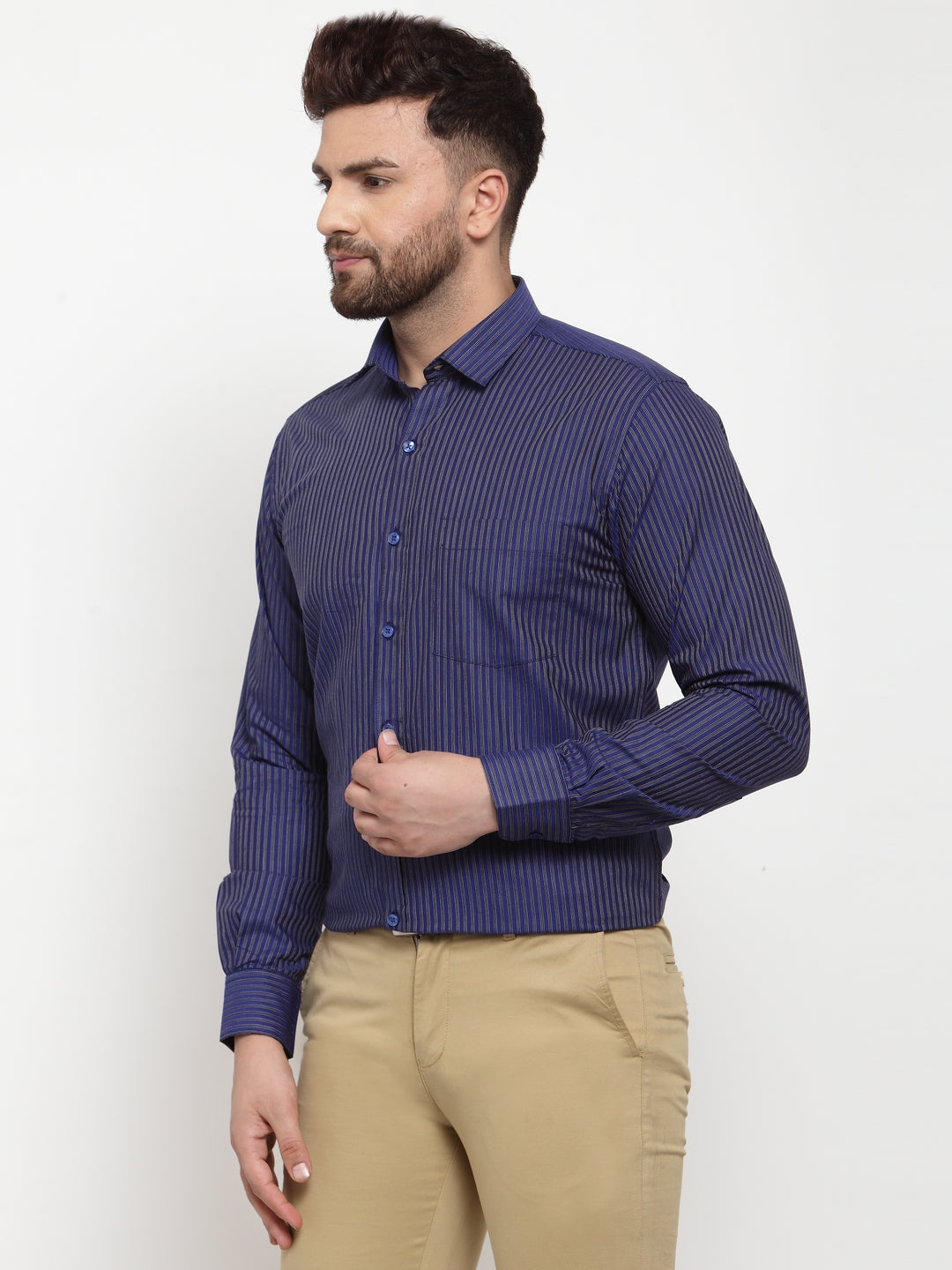 Copperline Men Blue Slim Fit Striped Formal Shirt Copperline