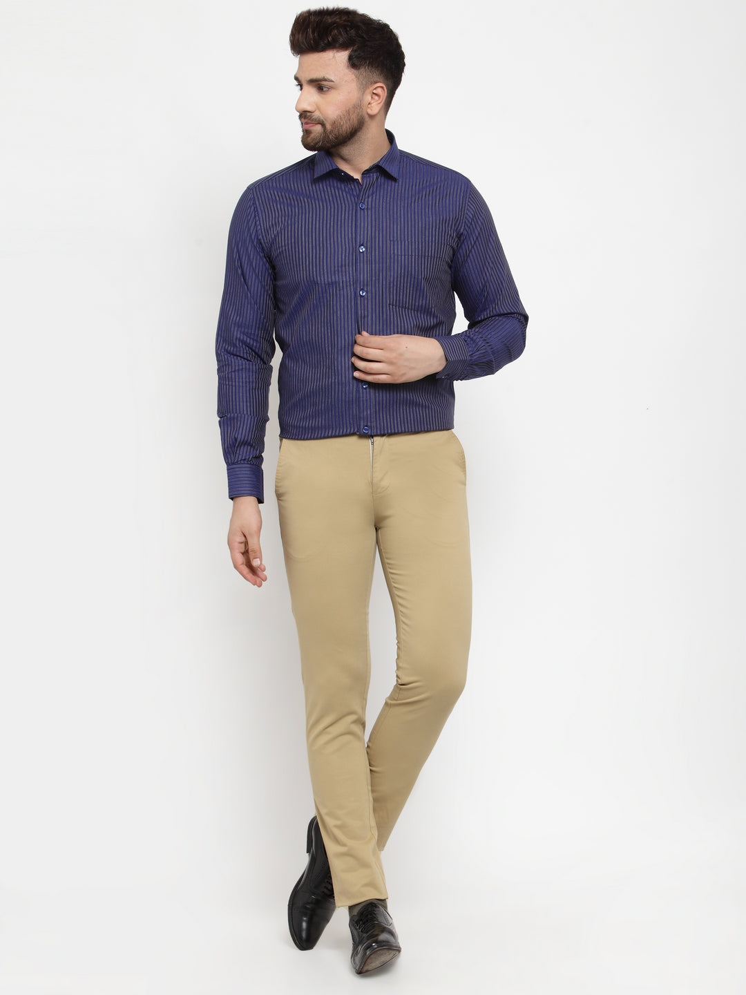 Copperline Men Blue Slim Fit Striped Formal Shirt Copperline