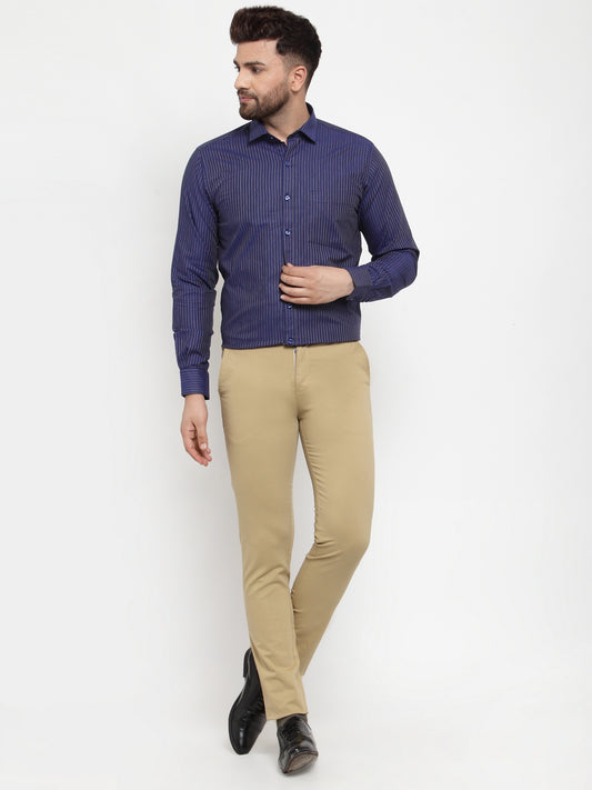 Copperline Men Blue Slim Fit Striped Formal Shirt Copperline