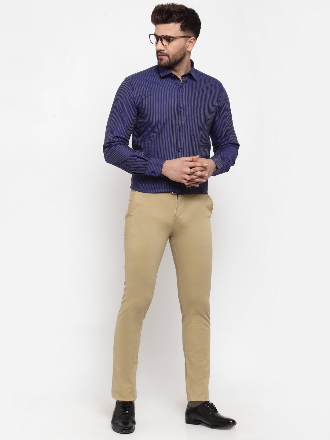 Copperline Men Blue Slim Fit Striped Formal Shirt Copperline