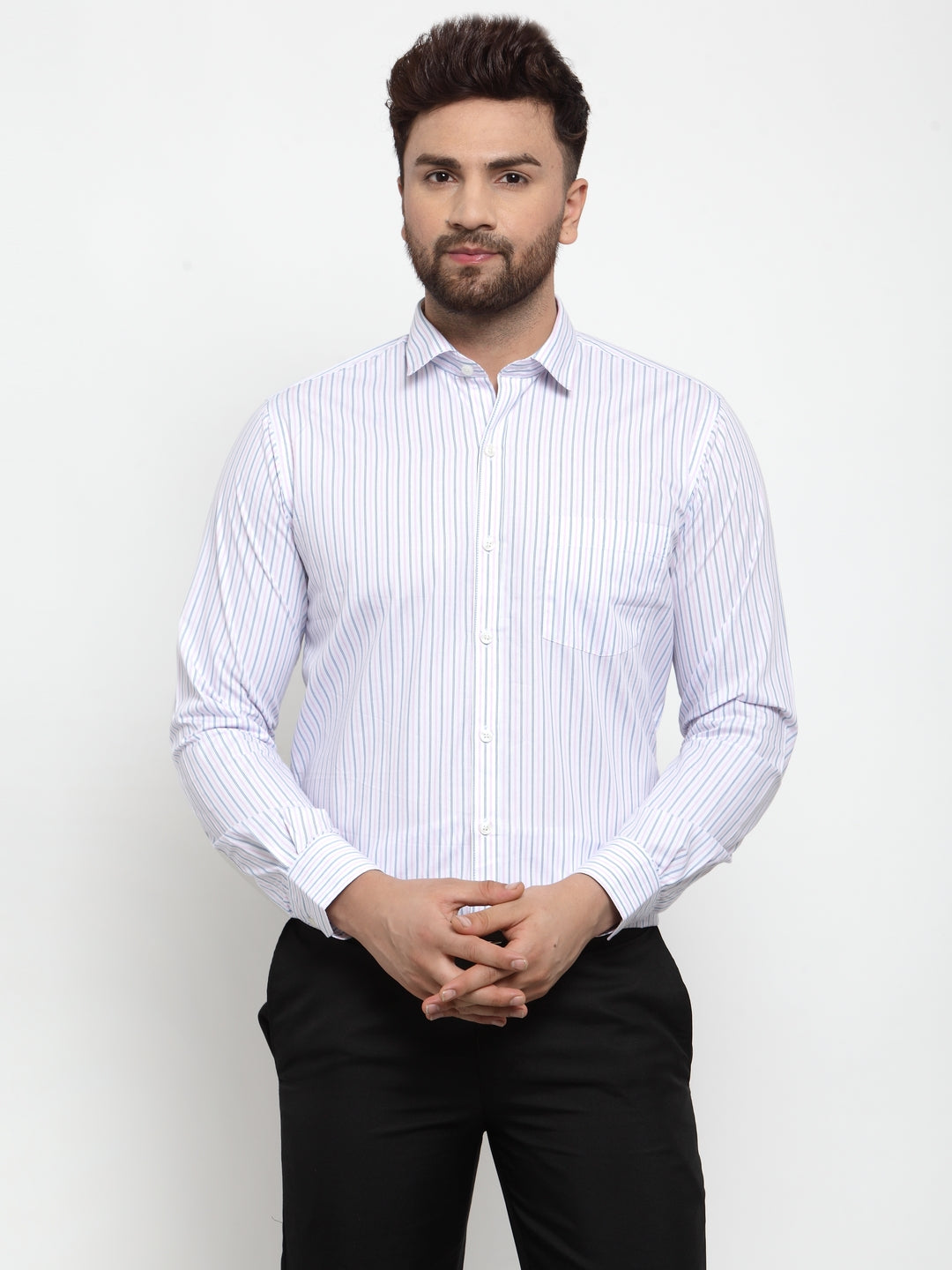 Copperline Men Blue & Pink Slim Fit Striped Formal Shirt Copperline