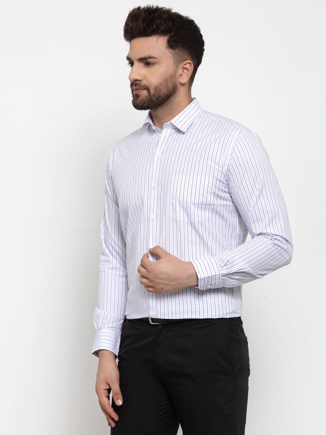 Copperline Men Blue & Pink Slim Fit Striped Formal Shirt Copperline