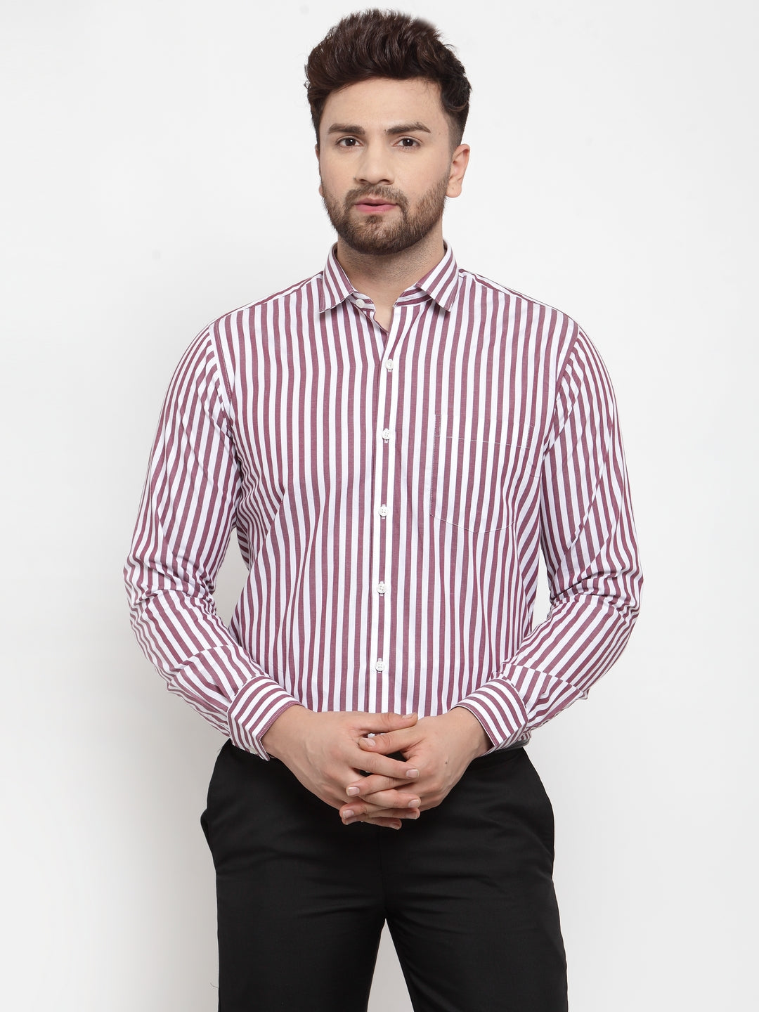 Copperline Men Maroon & White Slim Fit Striped Formal Shirt Copperline
