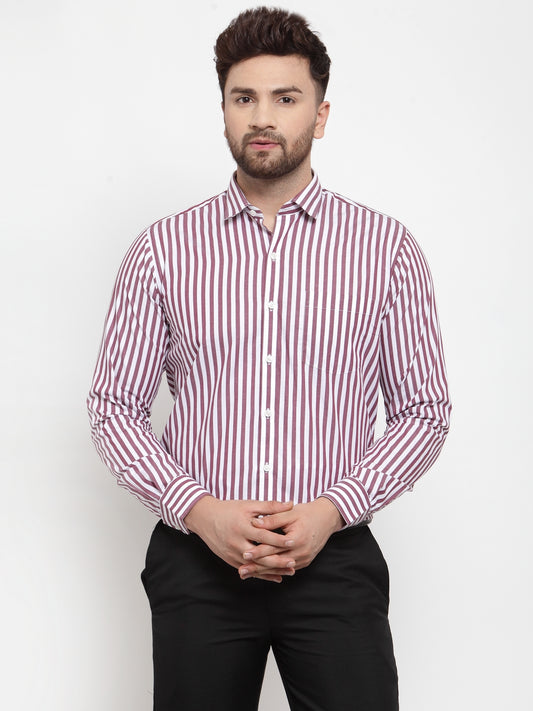 Copperline Men Maroon & White Slim Fit Striped Formal Shirt Copperline
