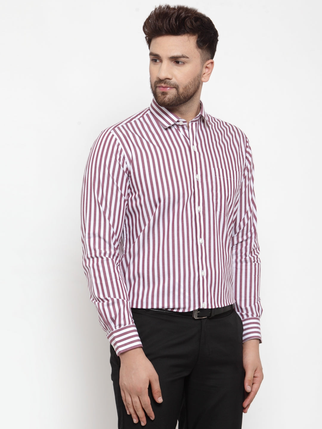 Copperline Men Maroon & White Slim Fit Striped Formal Shirt Copperline