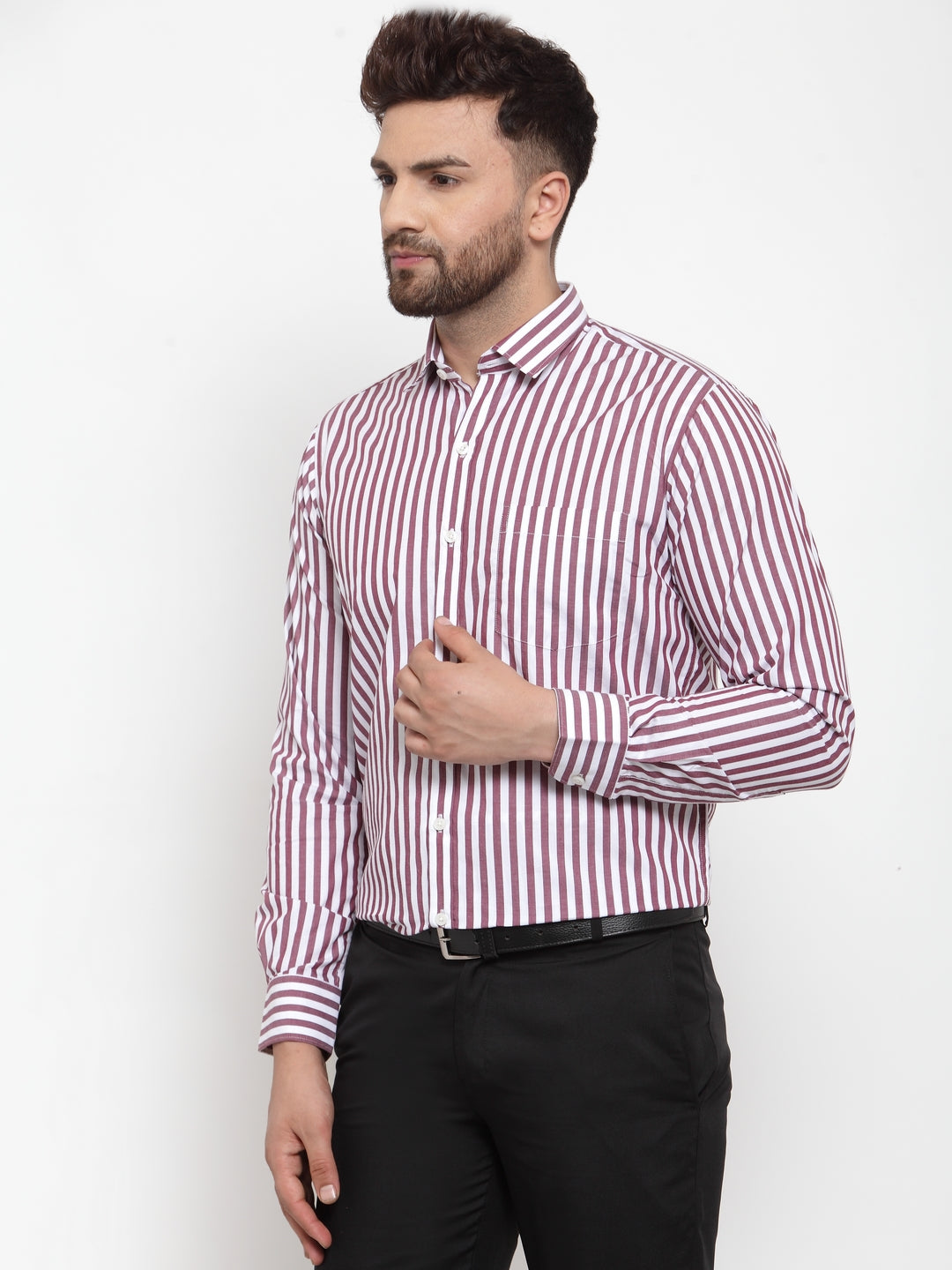Copperline Men Maroon & White Slim Fit Striped Formal Shirt Copperline