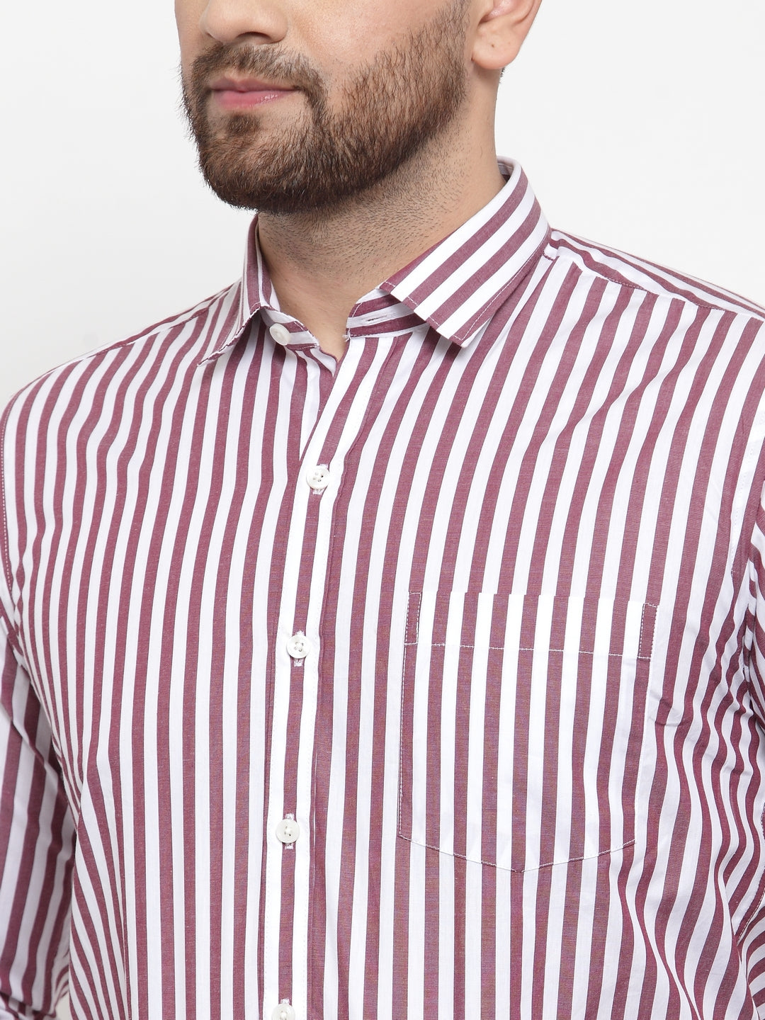 Copperline Men Maroon & White Slim Fit Striped Formal Shirt Copperline