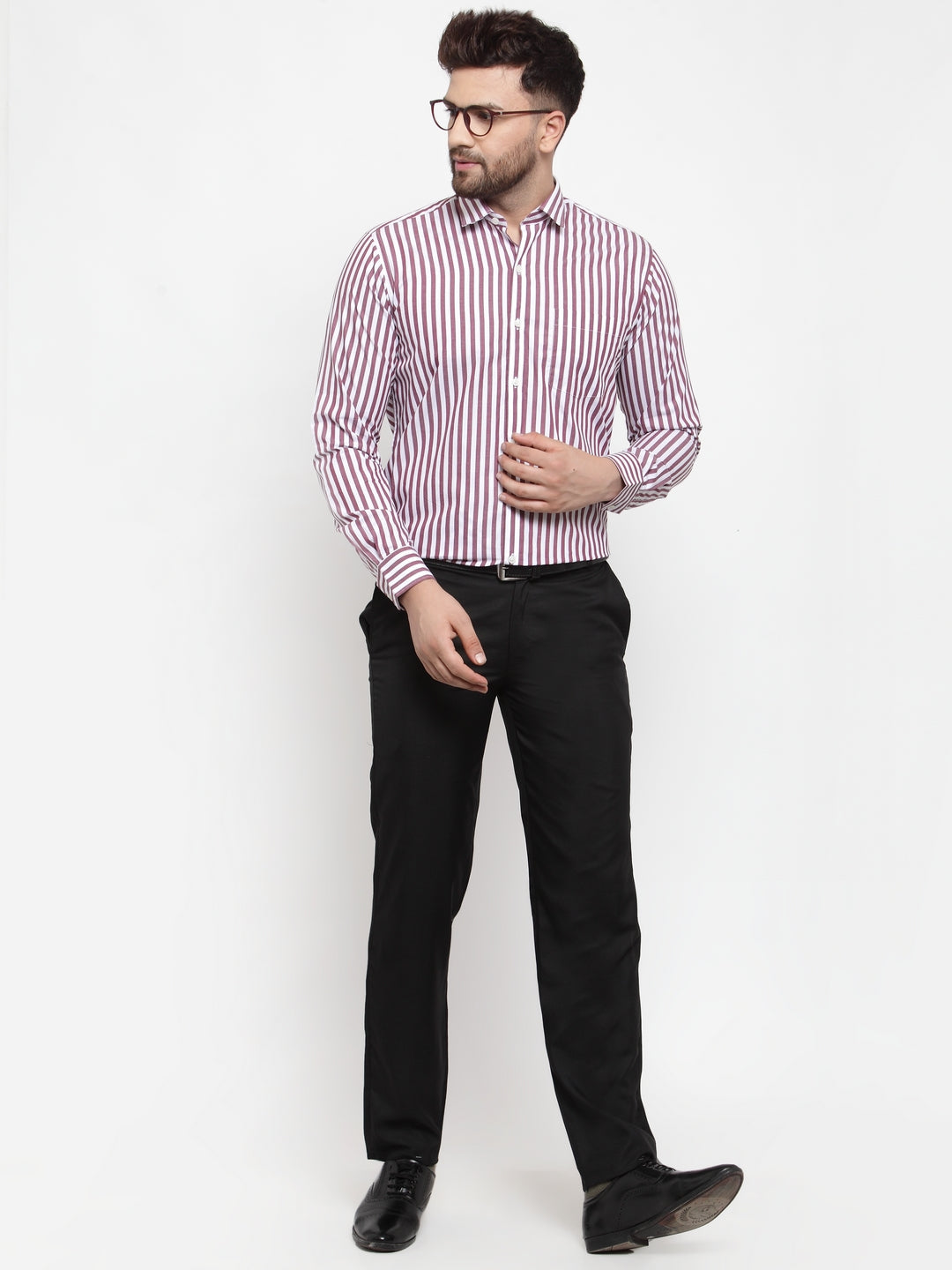 Copperline Men Maroon & White Slim Fit Striped Formal Shirt Copperline