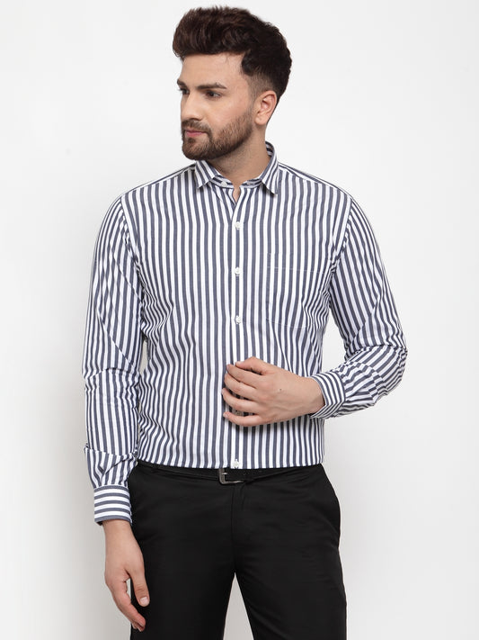 Copperline Men Charcoal & White Slim Fit Striped Formal Shirt Copperline