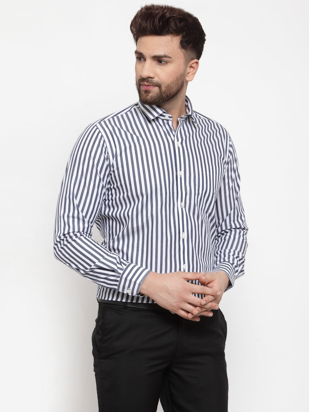 Copperline Men Charcoal & White Slim Fit Striped Formal Shirt Copperline