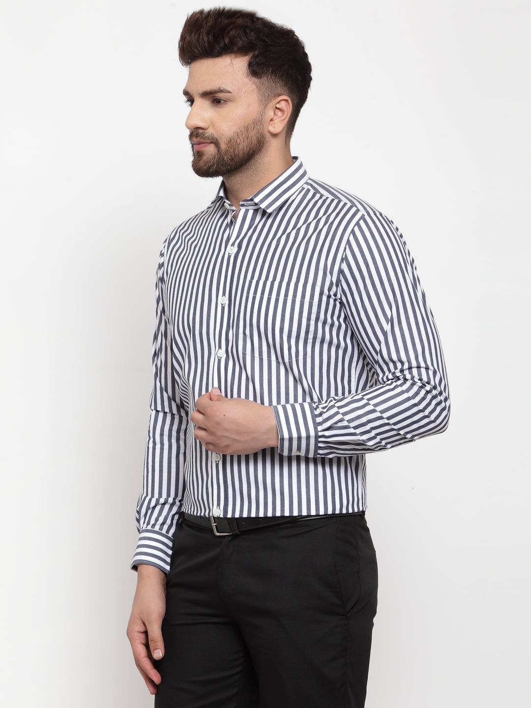 Copperline Men Charcoal & White Slim Fit Striped Formal Shirt Copperline
