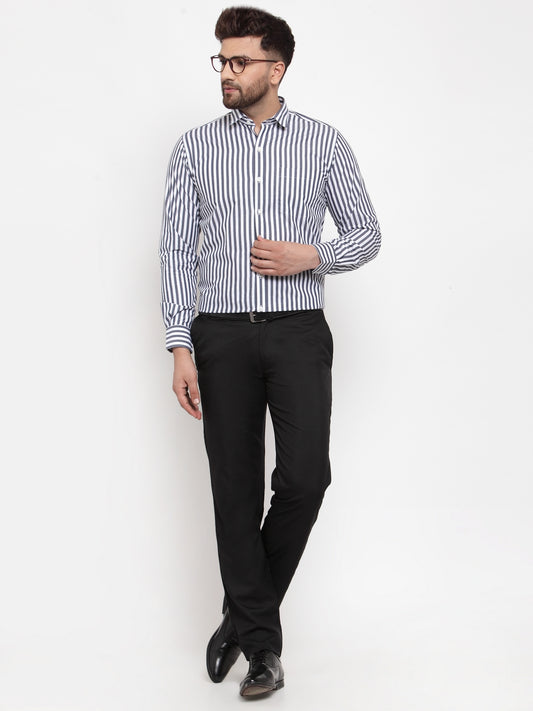 Copperline Men Charcoal & White Slim Fit Striped Formal Shirt Copperline