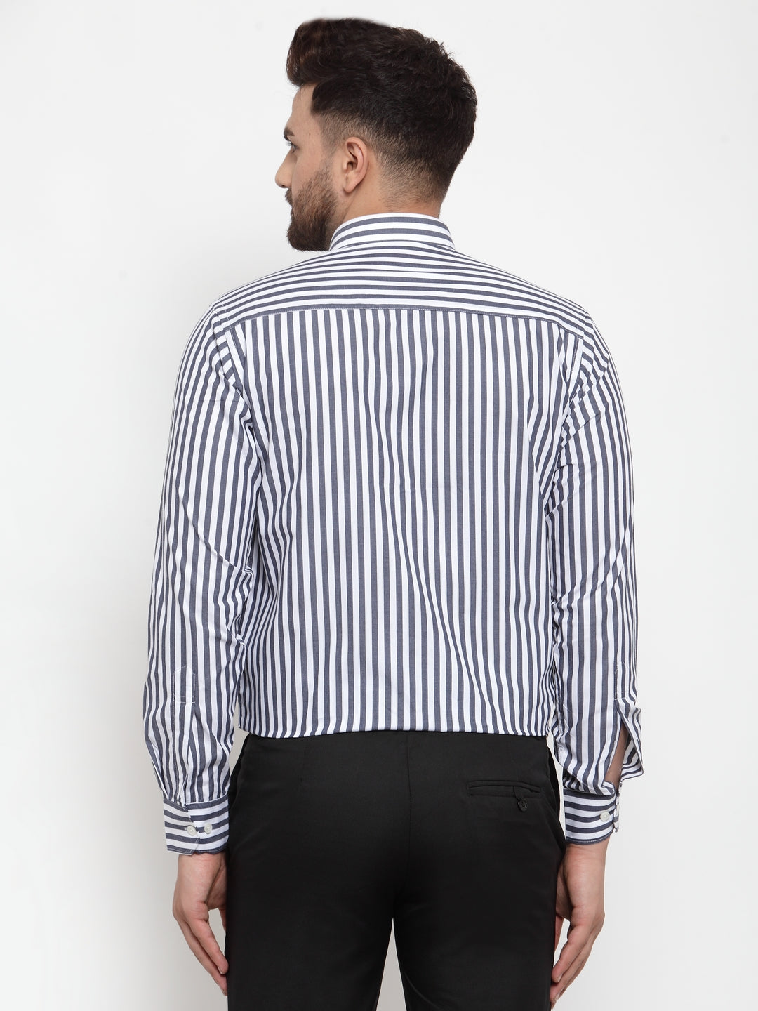 Copperline Men Charcoal & White Slim Fit Striped Formal Shirt Copperline