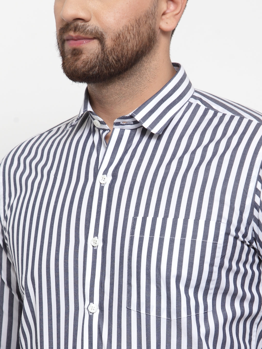Copperline Men Charcoal & White Slim Fit Striped Formal Shirt Copperline