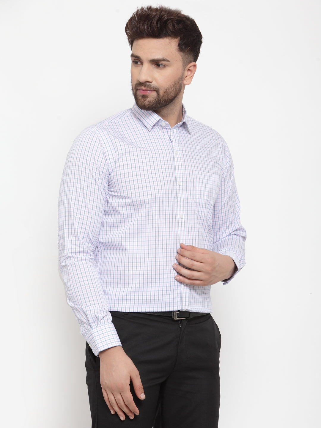 Copperline Men Pink & Blue Comfort Slim Fit Checked Formal Shirt Copperline