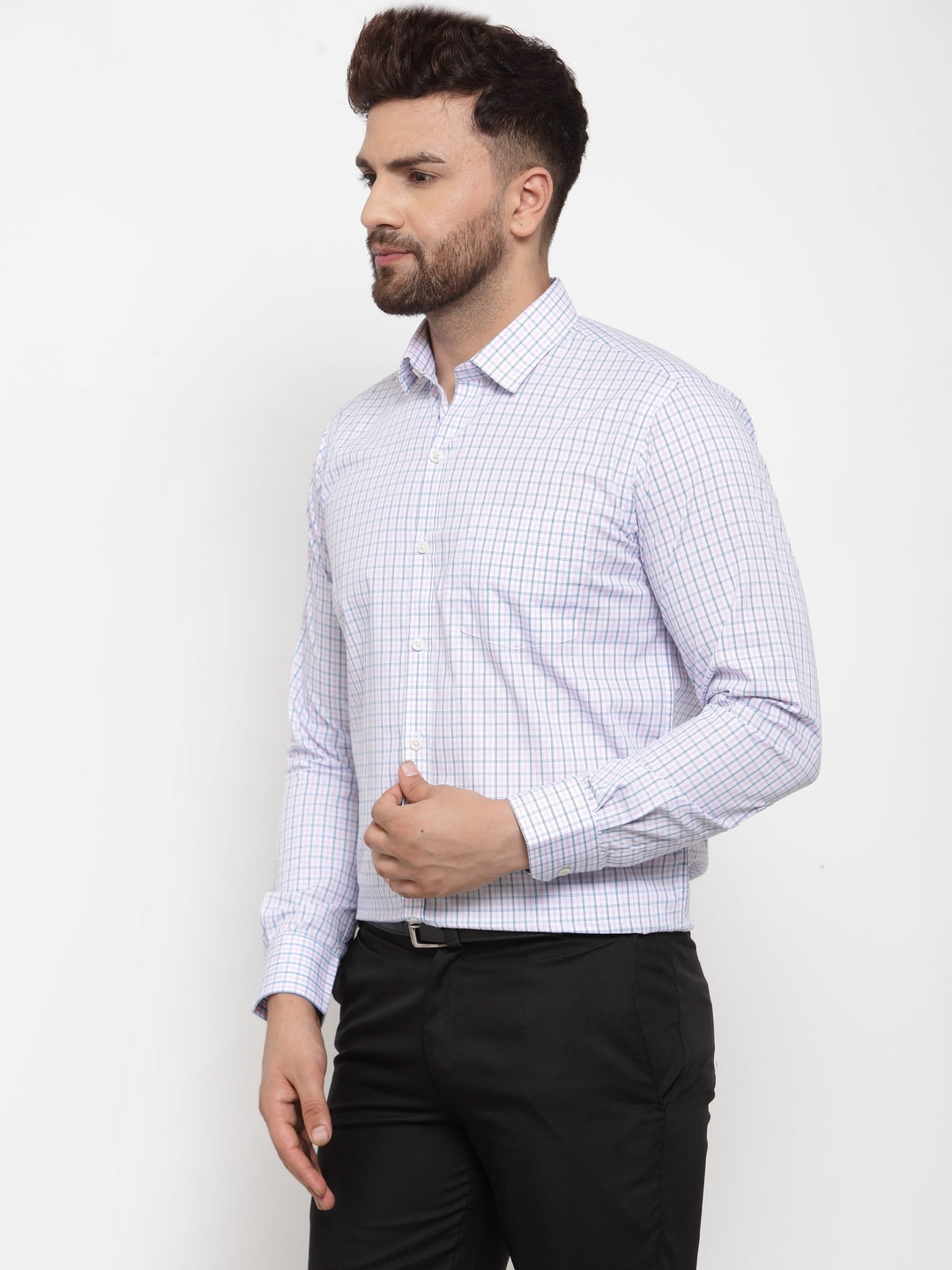 Copperline Men Pink & Blue Comfort Slim Fit Checked Formal Shirt Copperline