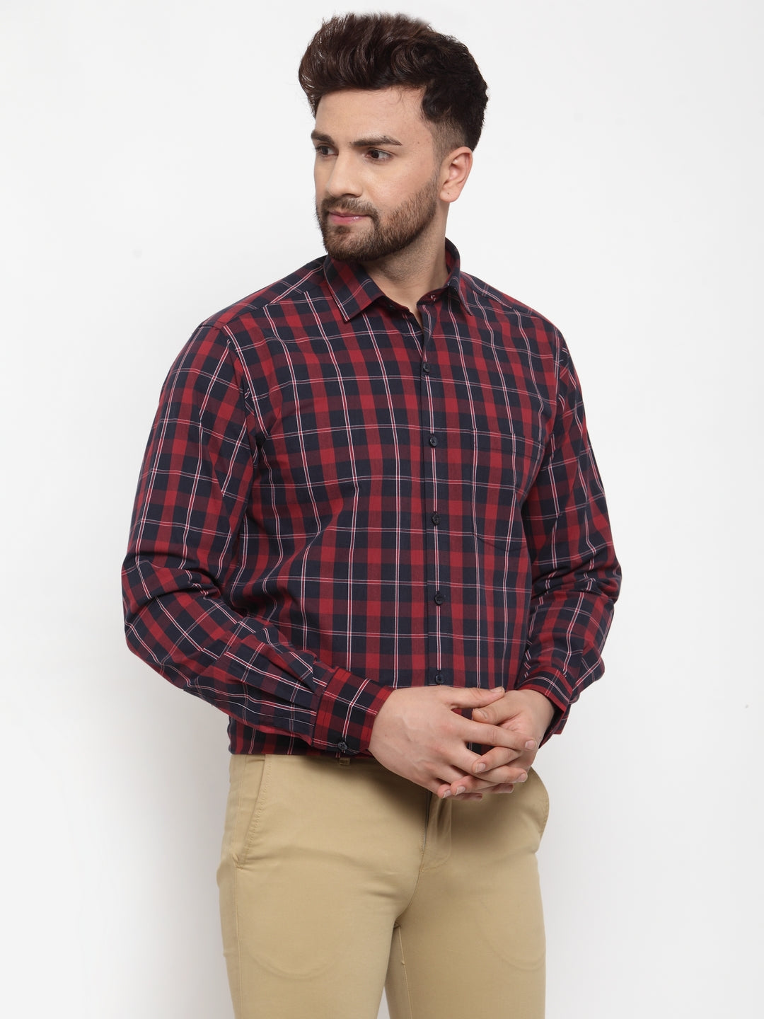 Copperline Men Maroon & Blue Slim Fit Checked Formal Shirt Copperline