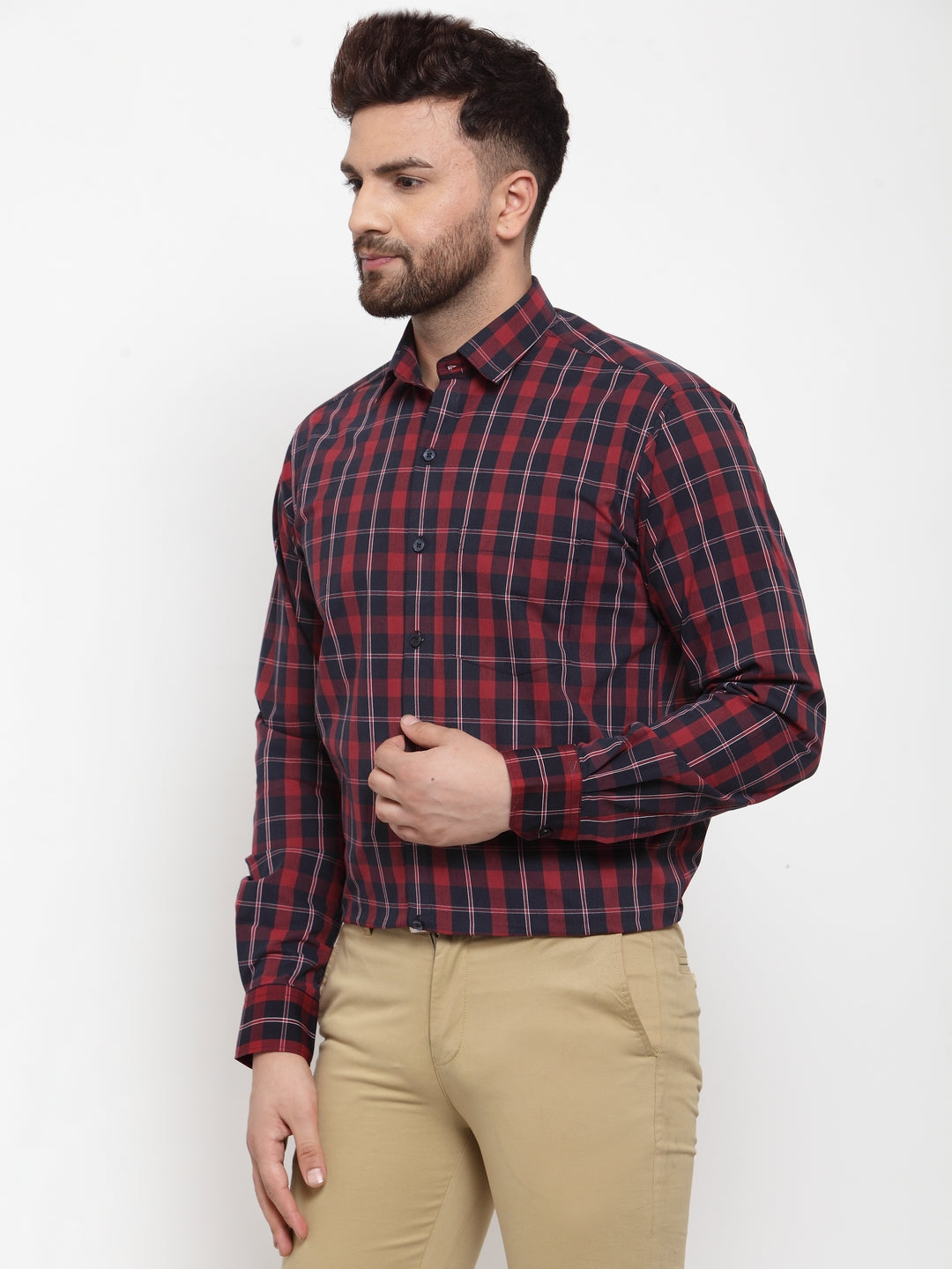 Copperline Men Maroon & Blue Slim Fit Checked Formal Shirt Copperline