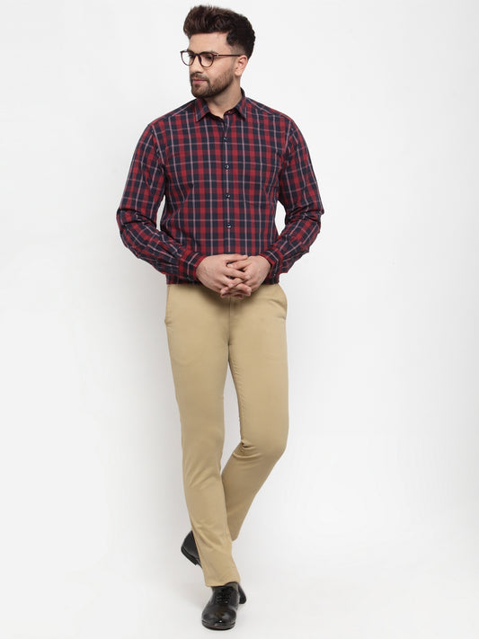 Copperline Men Maroon & Blue Slim Fit Checked Formal Shirt Copperline