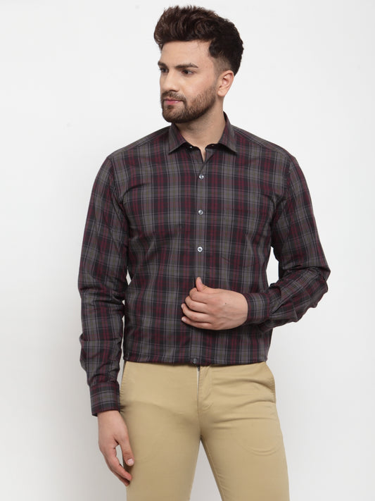 Copperline Men Grey & Pink Slim Fit Checked Formal Shirt Copperline