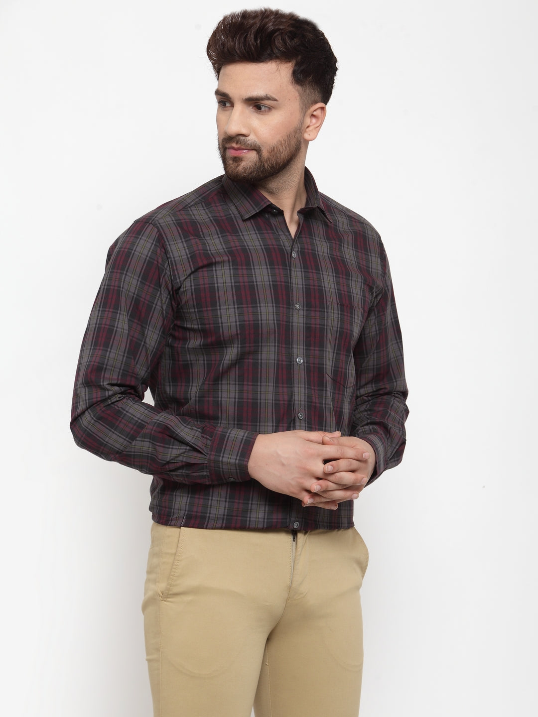 Copperline Men Grey & Pink Slim Fit Checked Formal Shirt Copperline
