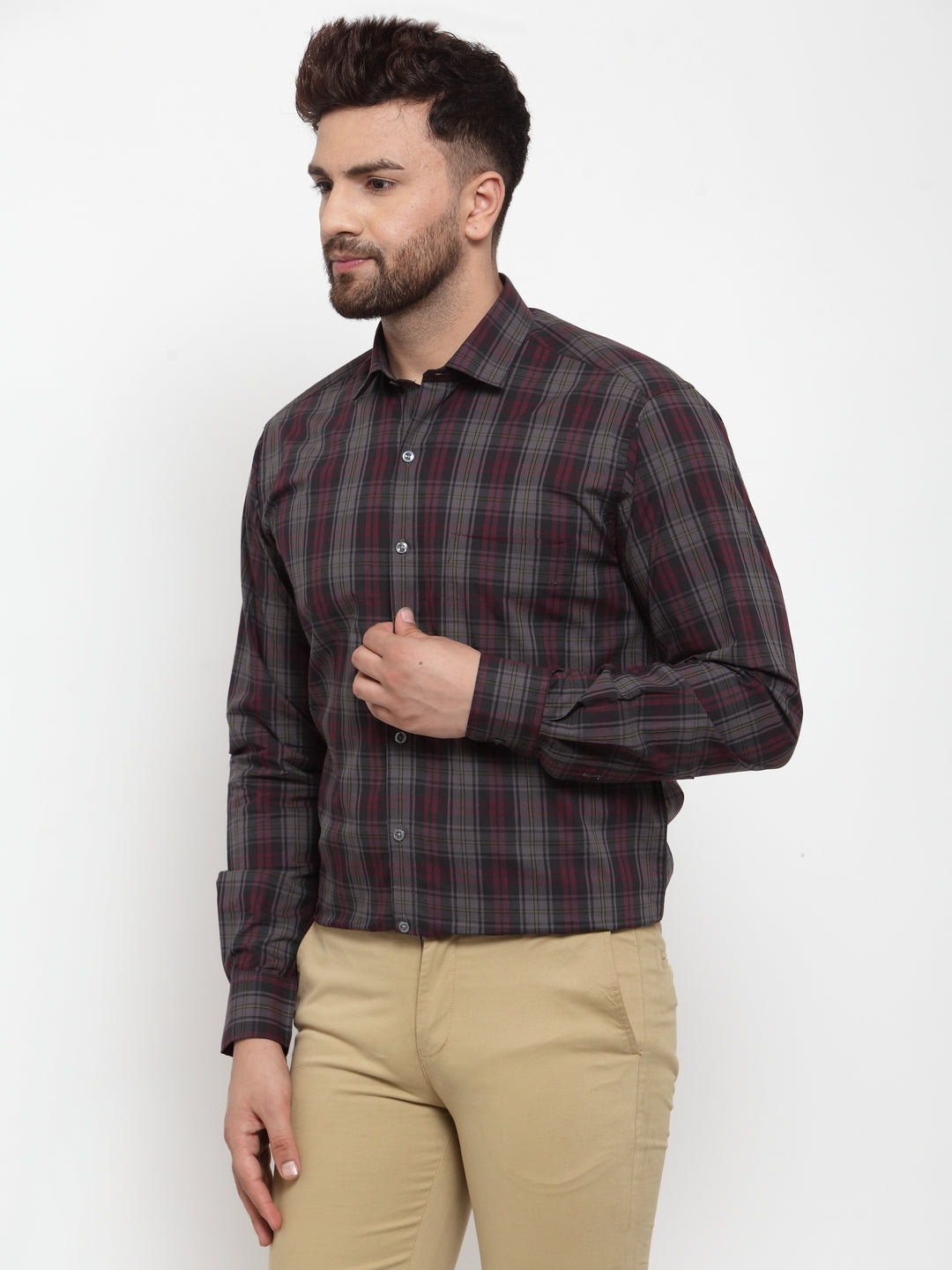 Copperline Men Grey & Pink Slim Fit Checked Formal Shirt Copperline