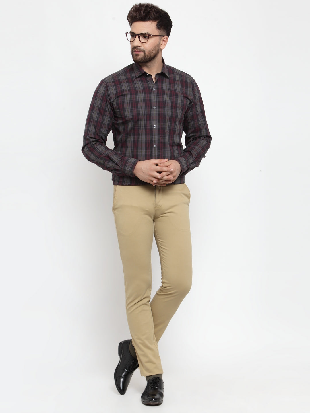 Copperline Men Grey & Pink Slim Fit Checked Formal Shirt Copperline